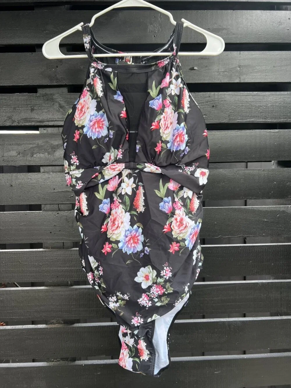 NWT Women’s Black Floral One Piece Swimsuit Mesh Chest Panel See Through Detail